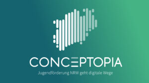 Zu sehen ist das weiße Logo des Projekts CONCEPTOPIA, welches vor einem pertrolfarbenen Hintergrund ist.