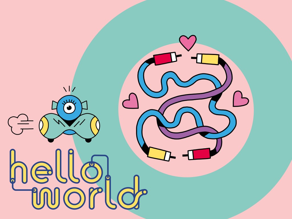 Logo hello world vor einem rosa-blauen Hintergrund mit bunten Kabeln und einem Dash-Roboter.