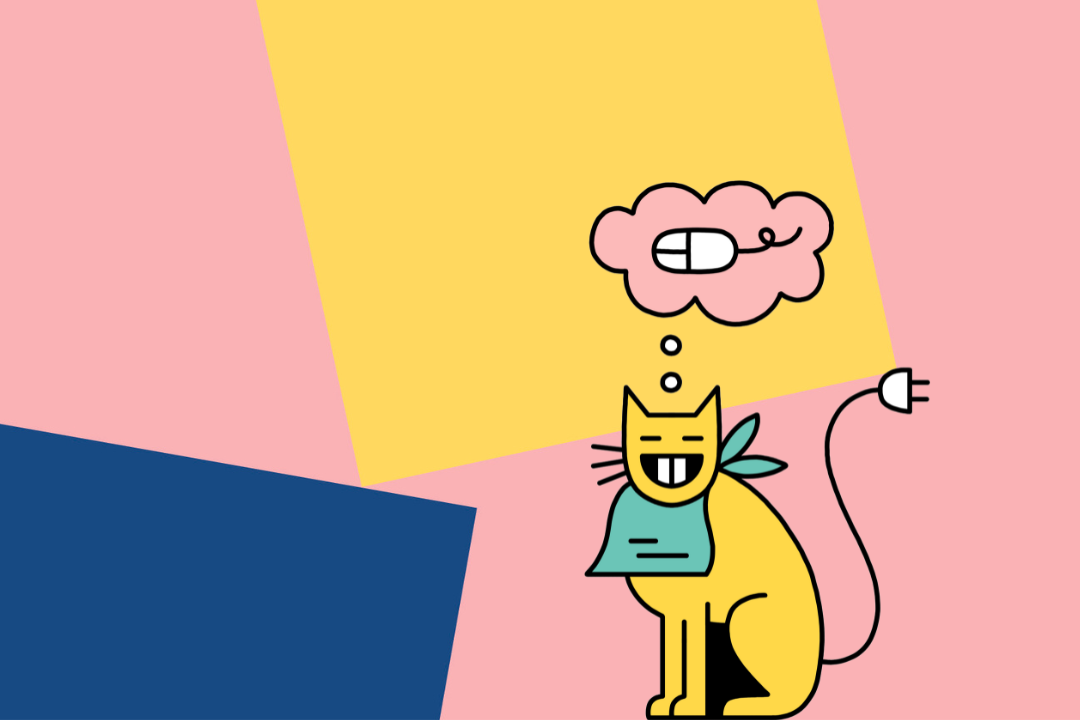 Vor einem rosa Hintergrund mit einer gelben und einer blauen Kachel sitzt eine gelbe Katze mit einem Stecker als Schwanzspitze und einem um den Hals gebundenen Lätzchen. Grinsend denkt die Katze an eine Computer-Maus.
