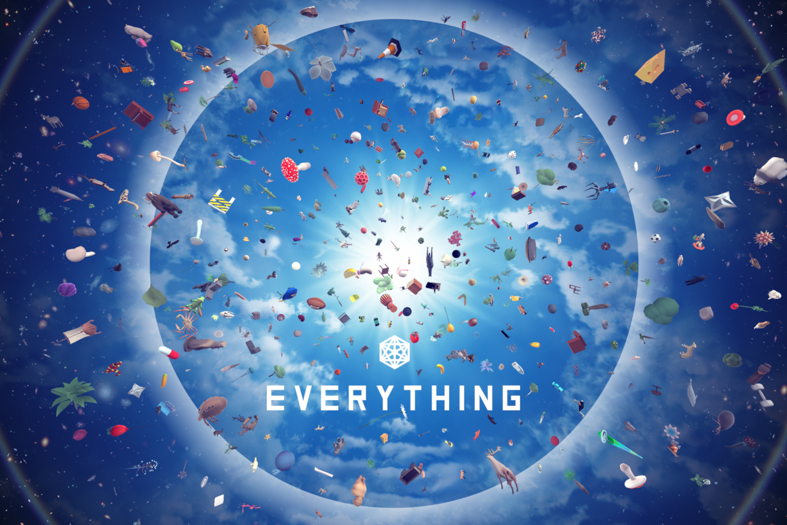 Zu sehen ist das Titelbild des Spiels Everything, bei dem verschiedene Objekte im Universum schweben.