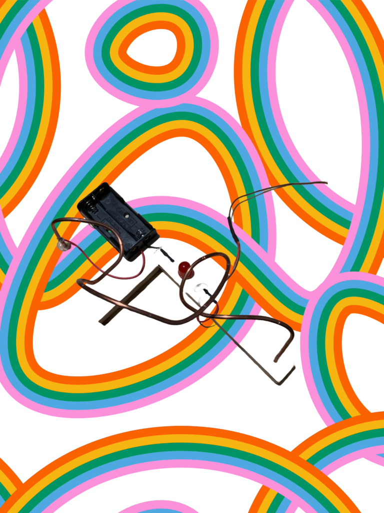 Heißer Draht Spiel. Konstruktion aus Kupferdraht, Batteriehalterung, LED und Kabeln. Hintergrund aus Linien in Regenbogenfarben.
