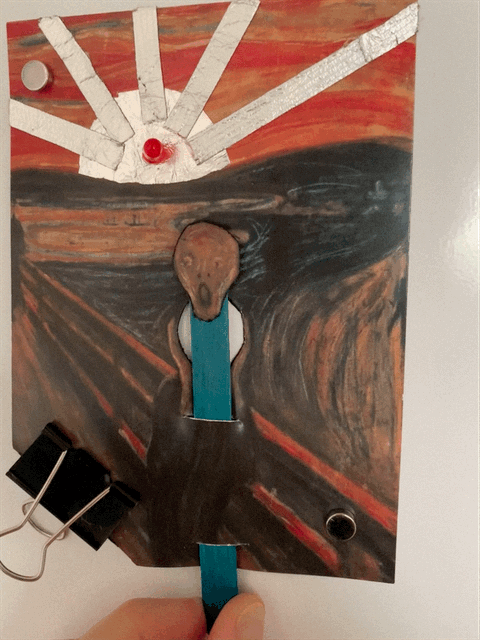 Postkarte mit Verzierung (Eisstiel, LED, Alufolie).