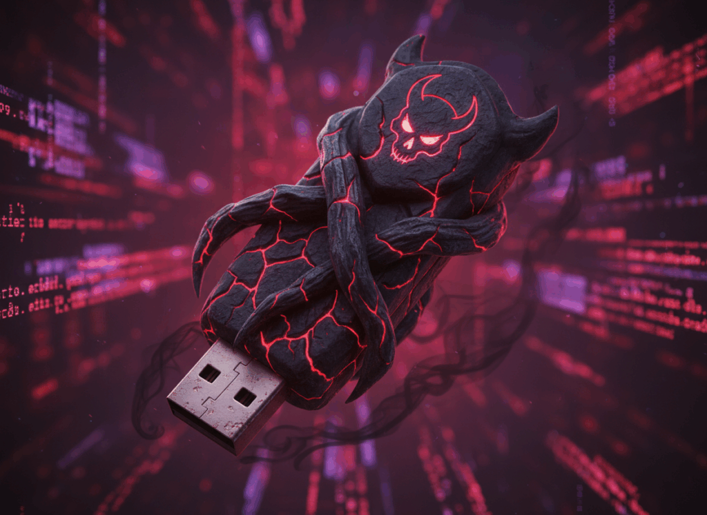 AI generated image of an "Evil USB-Stick". The USB-Stick is truly evil